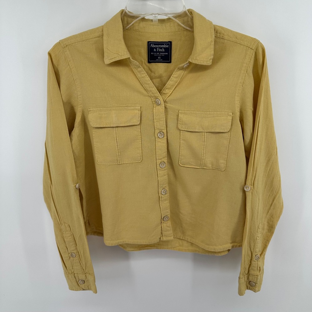 Abercrombie & Fitch Womens XS Mustard Yellow Linen Blend Cropped Utility Y2K Top